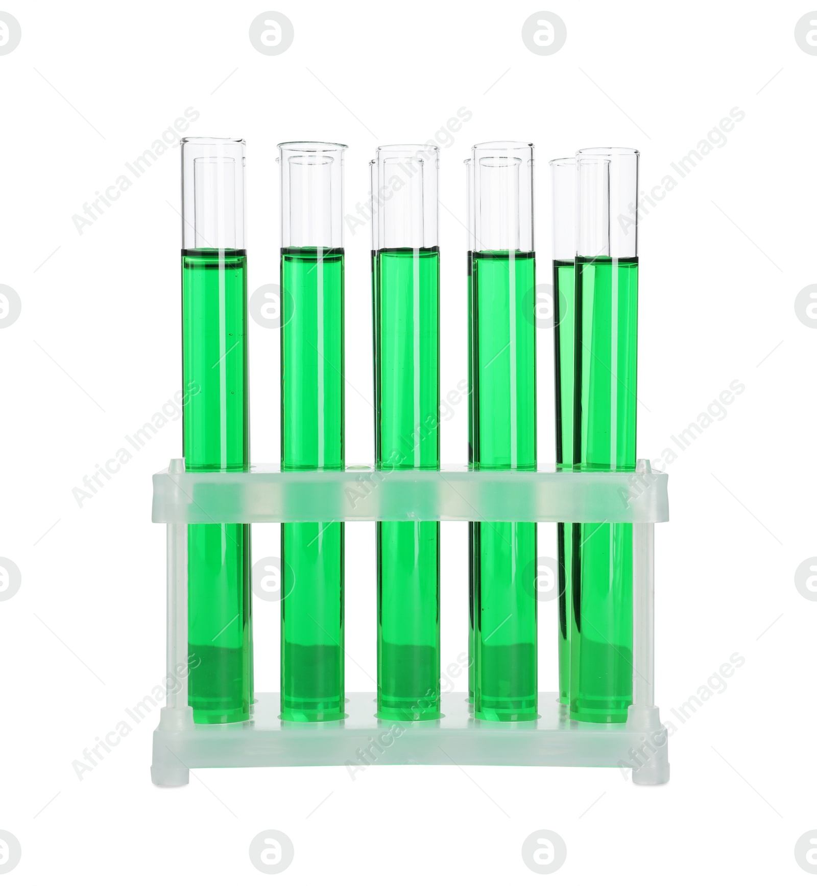 Photo of Many test tubes with green liquid in stand isolated on white