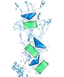 Image of Laundry capsules and splashing water on white background. Detergent pods