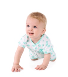 Photo of Cute little baby crawling on white background