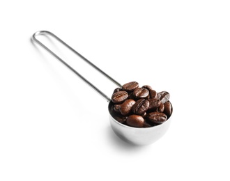 Photo of Scoop with roasted coffee beans on white background