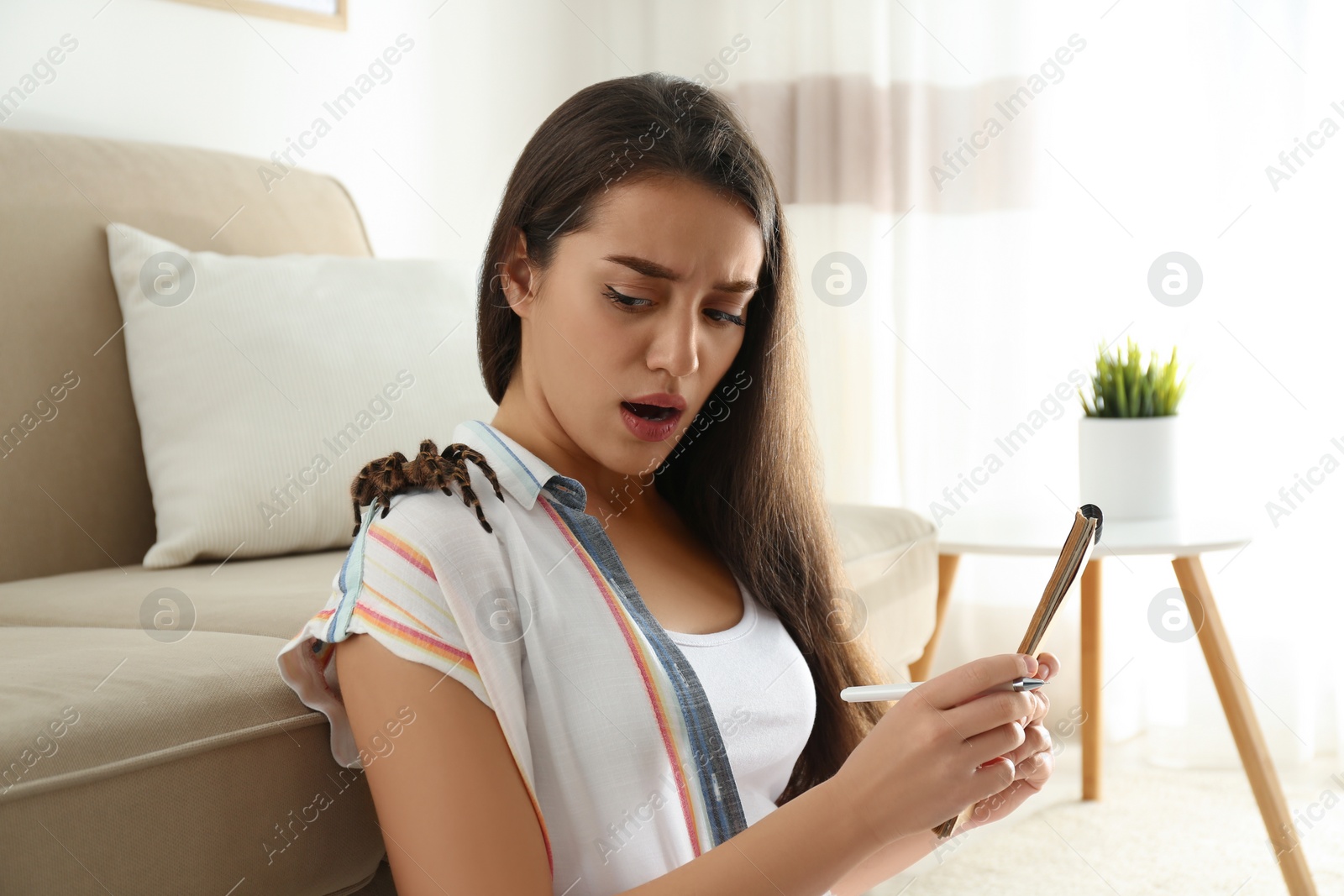 Photo of Scared young woman with tarantula at home. Arachnophobia (fear of spiders)