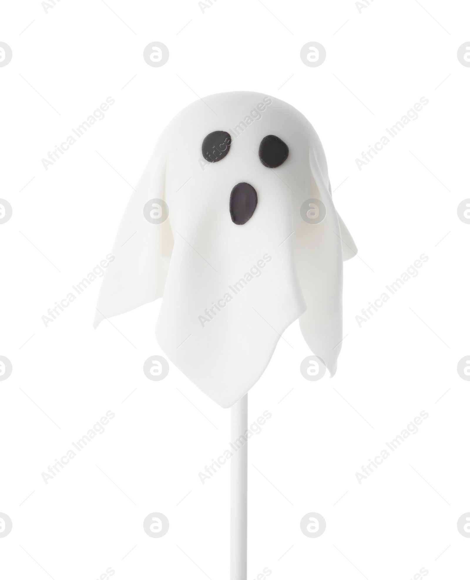 Photo of Delicious ghost cake pop isolated on white. Halloween holiday