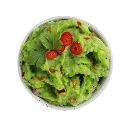 Photo of Delicious guacamole served with pepper and parsley isolated on white, top view