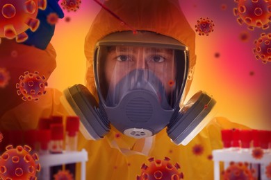 Image of Scientist in chemical protective suit dripping blood on color background. Monkeypox virus