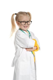 Photo of Cute little child in doctor coat with stethoscope on white background