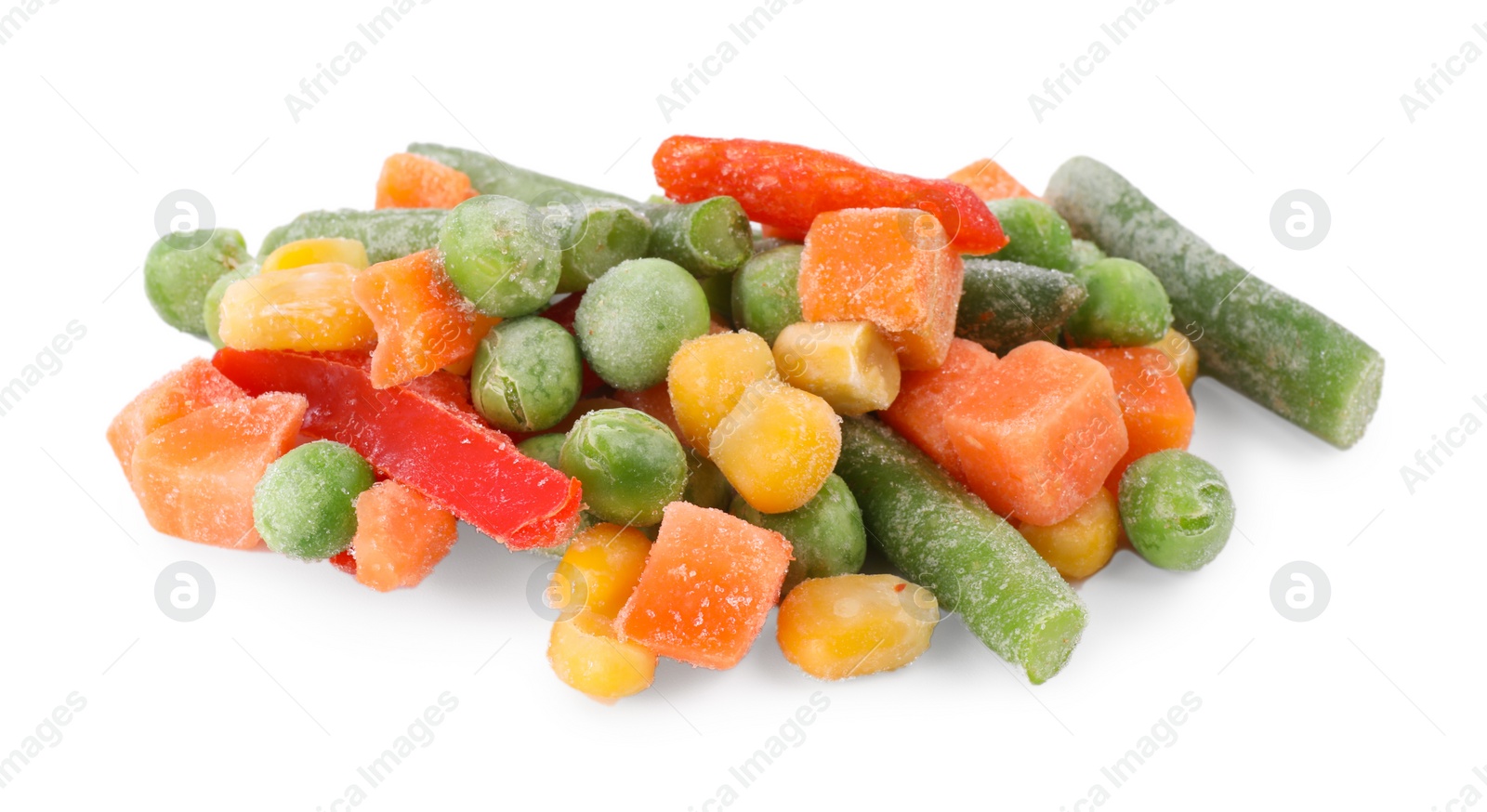 Photo of Mix of different frozen vegetables isolated on white