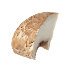Photo of Slice of raw mushroom on white background