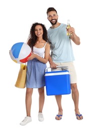 Photo of Happy couple with cool box, bottle of beer and beach ball on white background