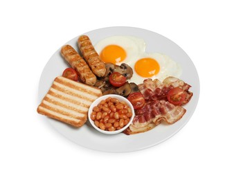 Photo of Plate with fried eggs, sausages, mushrooms, beans, bacon and toast isolated on white. Traditional English breakfast