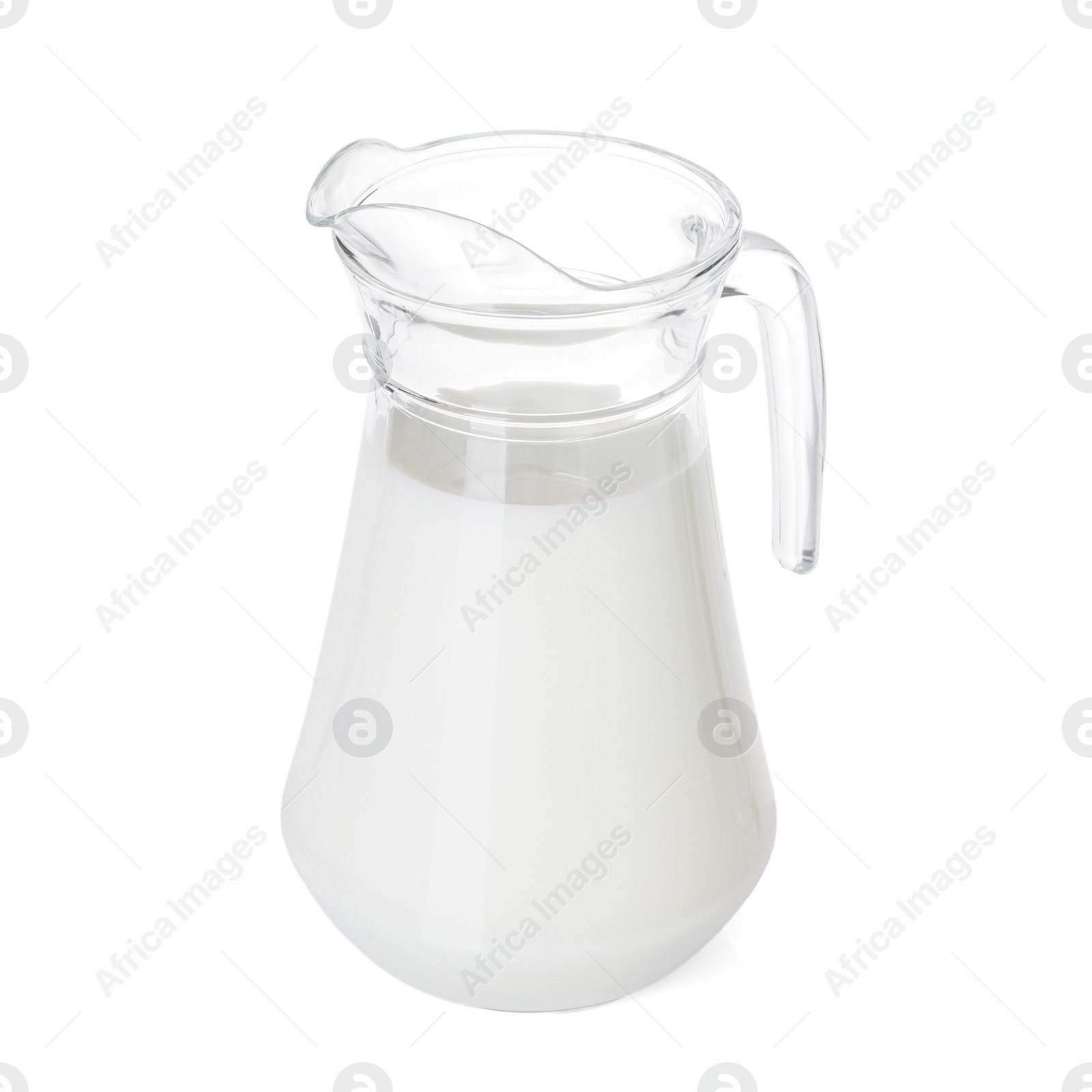 Photo of Glass jug of fresh milk isolated on white