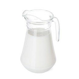 Photo of Glass jug of fresh milk isolated on white