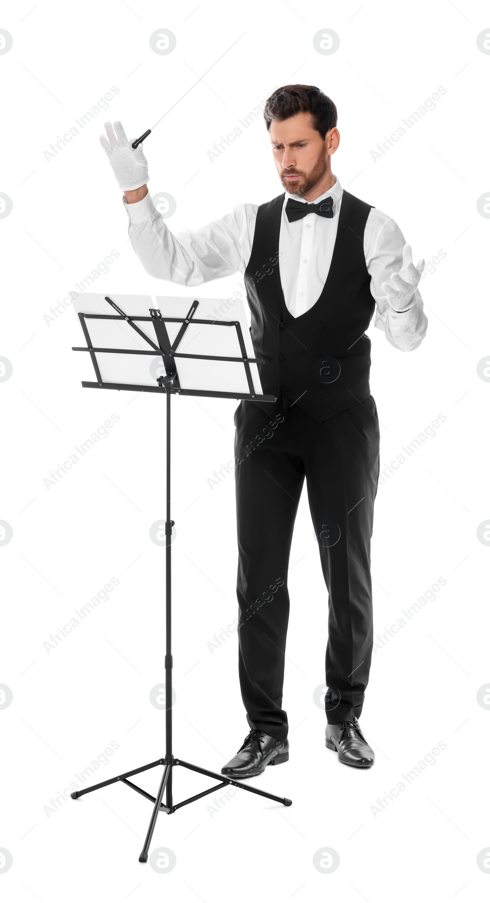 Photo of Professional conductor with baton and note stand on white background