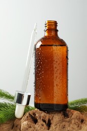 Photo of Bottle of hydrophilic oil and fir twigs on white background