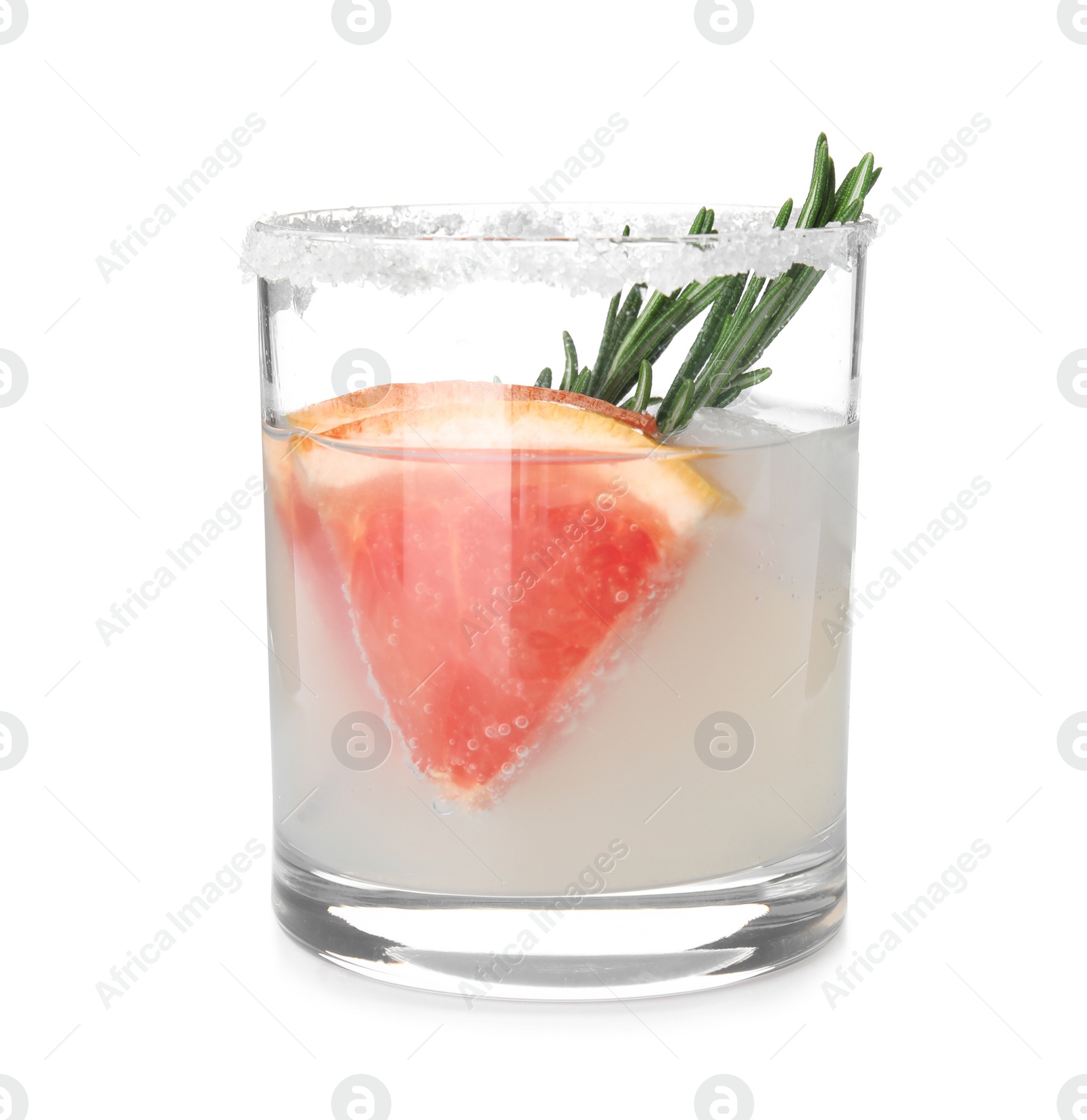 Photo of Glass of grapefruit cocktail with ice isolated on white