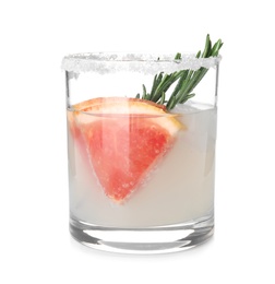 Photo of Glass of grapefruit cocktail with ice isolated on white