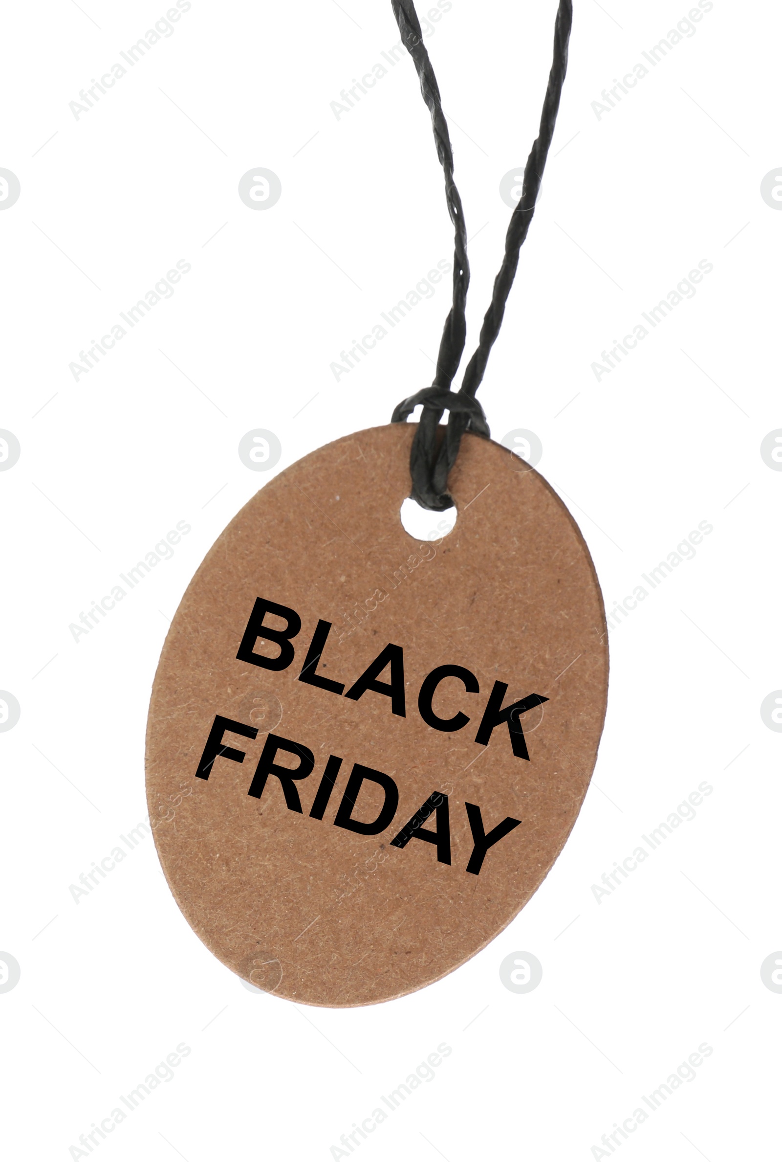Photo of Blank brown tag isolated on white. Black Friday concept