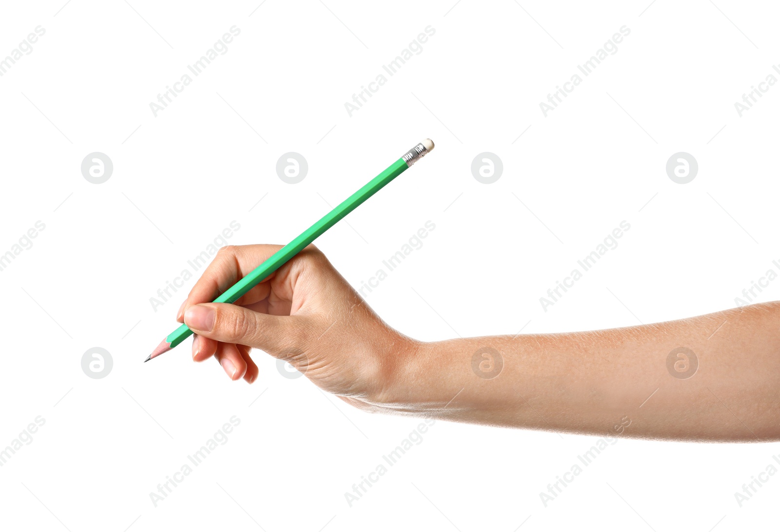 Photo of Young woman holding pencil on white background, closeup