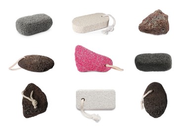 Image of Set with different pumice stones on white background. Pedicure tool