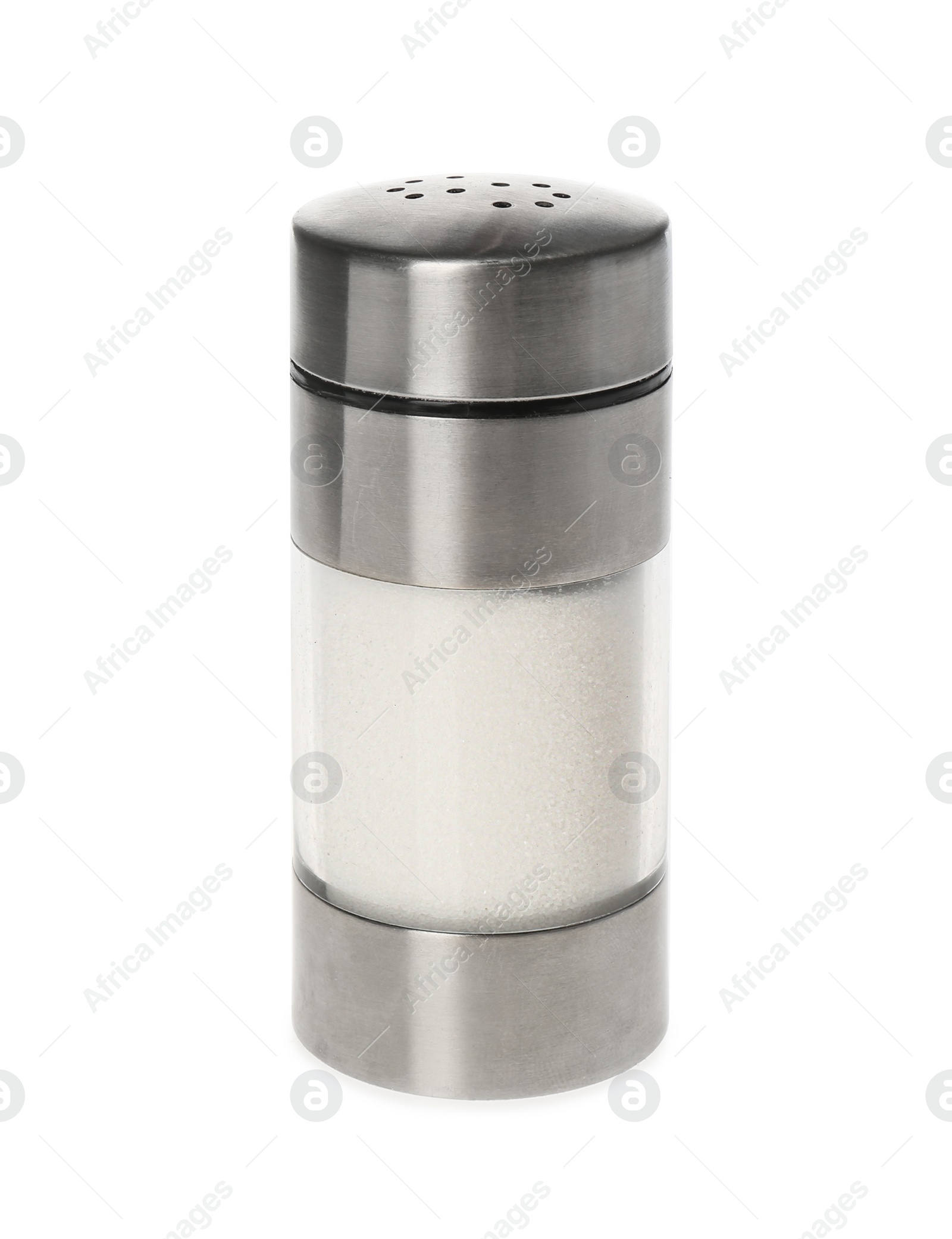 Photo of Shaker with natural salt isolated on white