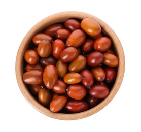 Photo of Ripe red dates in wooden bowl on white background, top view