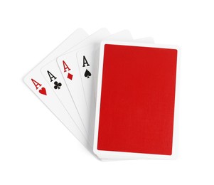 Playing cards with four of kind combination on white background, top view