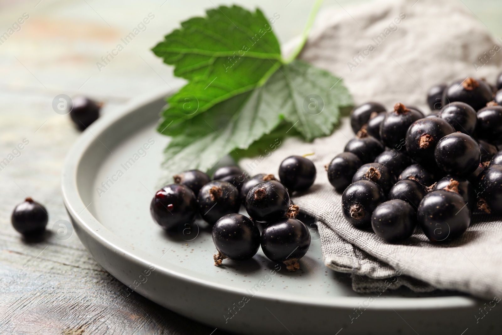 Photo of Ripe blackcurrants, leaf, napkin and plate on table, closeup