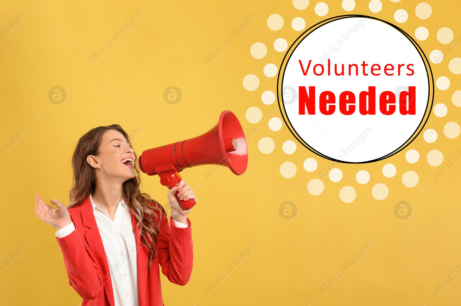 Image of Young woman with megaphone and text VOLUNTEERS NEEDED on yellow background