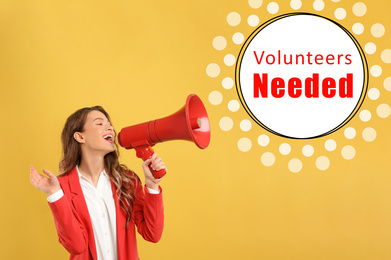 Young woman with megaphone and text VOLUNTEERS NEEDED on yellow background