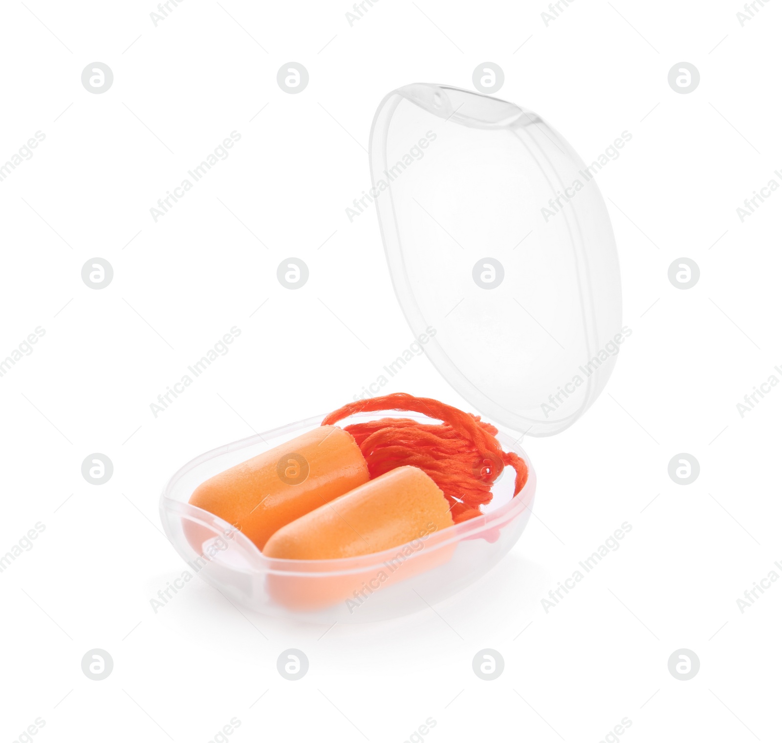 Photo of Transparent plastic case with orange ear plugs isolated on white