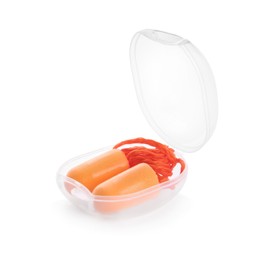 Photo of Transparent plastic case with orange ear plugs isolated on white