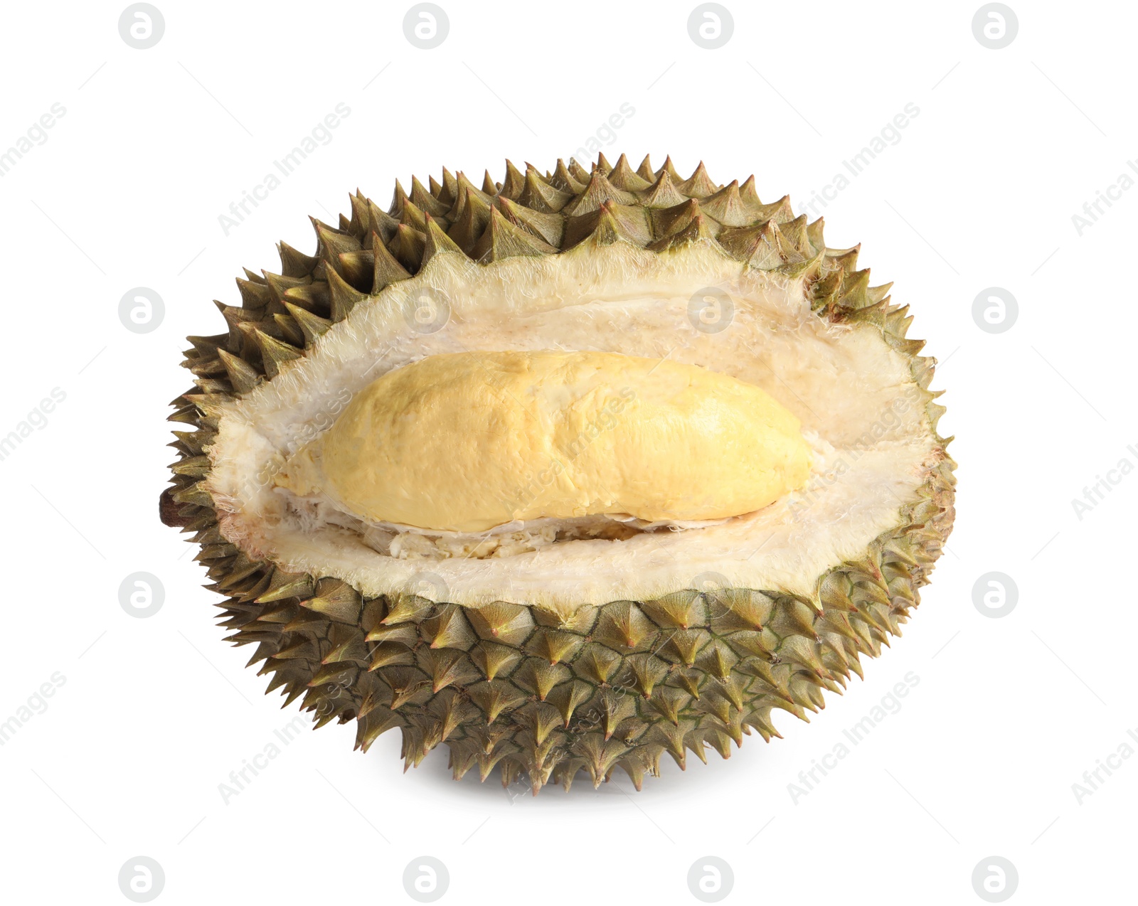 Photo of Fresh ripe durian isolated on white. Tropical fruit