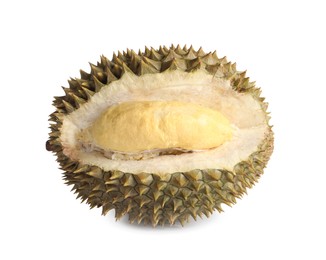 Photo of Fresh ripe durian isolated on white. Tropical fruit