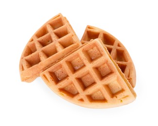 Photo of Many tasty Belgian waffles isolated on white