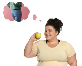 Overweight woman with apple dreaming about slim body on white background