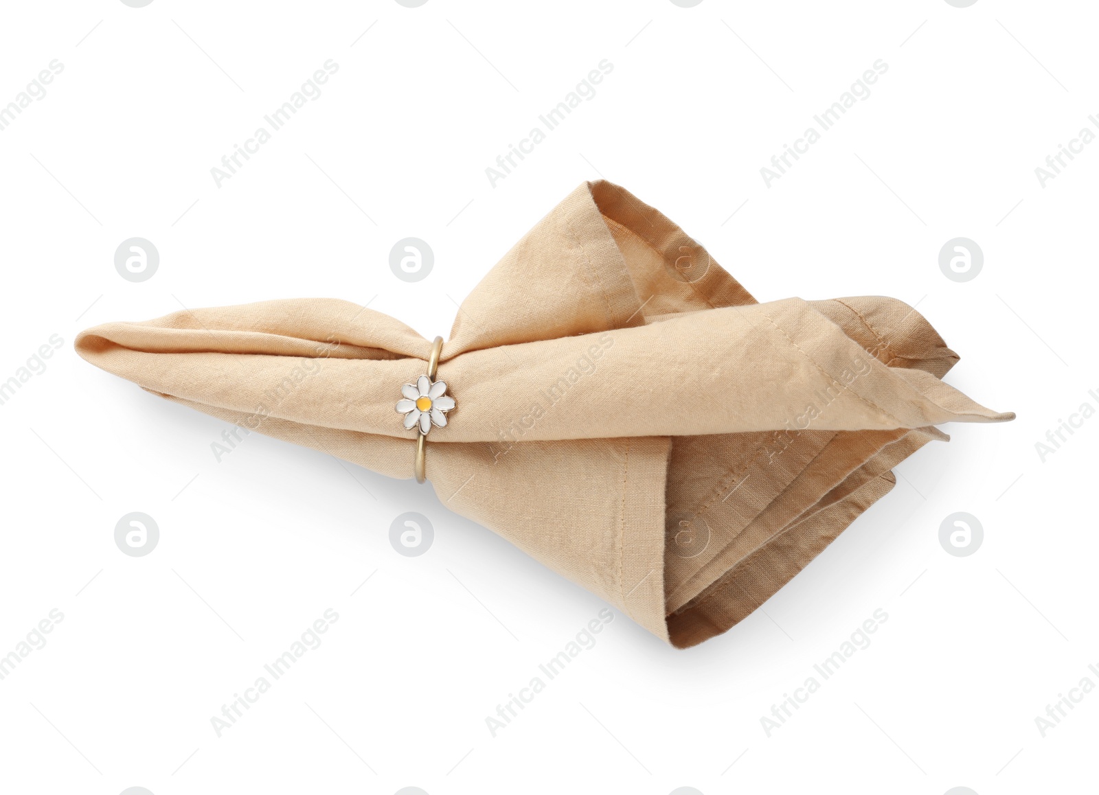 Photo of Napkin with decorative ring for table setting isolated on white, top view