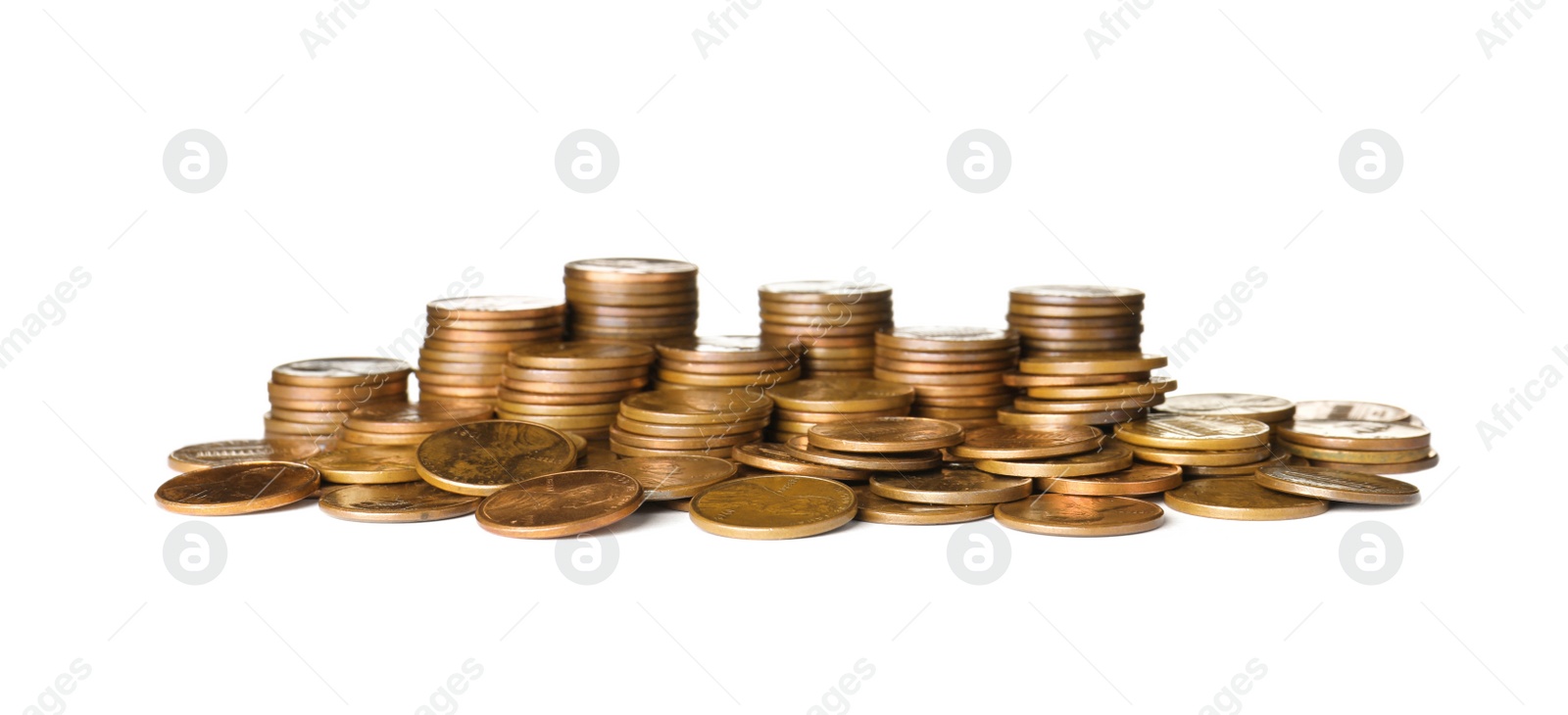 Photo of Pile and stacks of US coins isolated on white