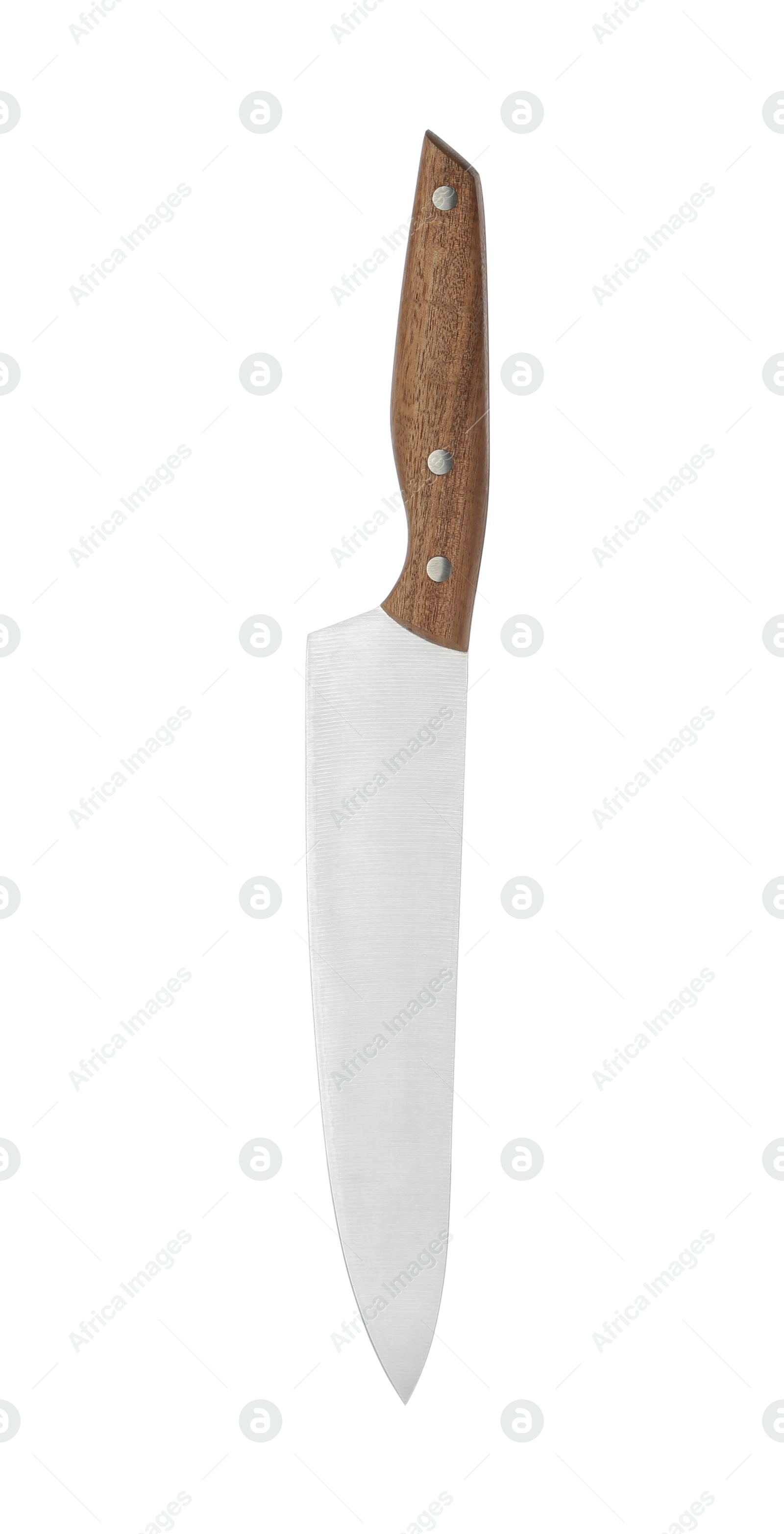 Photo of Sharp chef's knife with wooden handle on white background