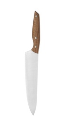 Sharp chef's knife with wooden handle on white background