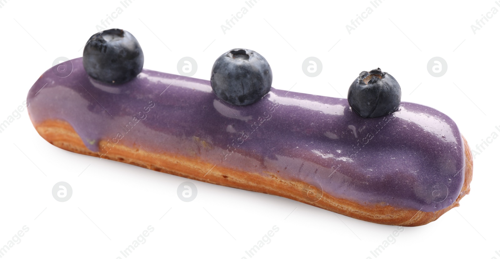 Photo of Delicious eclair decorated with blueberries isolated on white