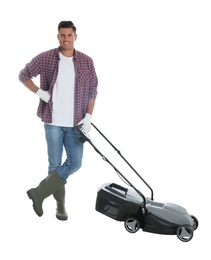 Man with modern lawn mower on white background