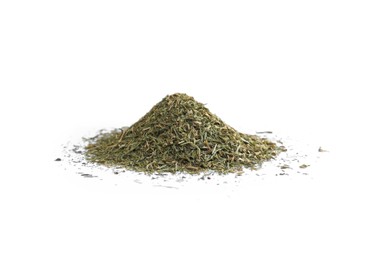 Pile of aromatic dry dill on white background