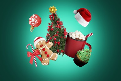Image of Christmas celebration. Different festive stuff in air on green gradient background