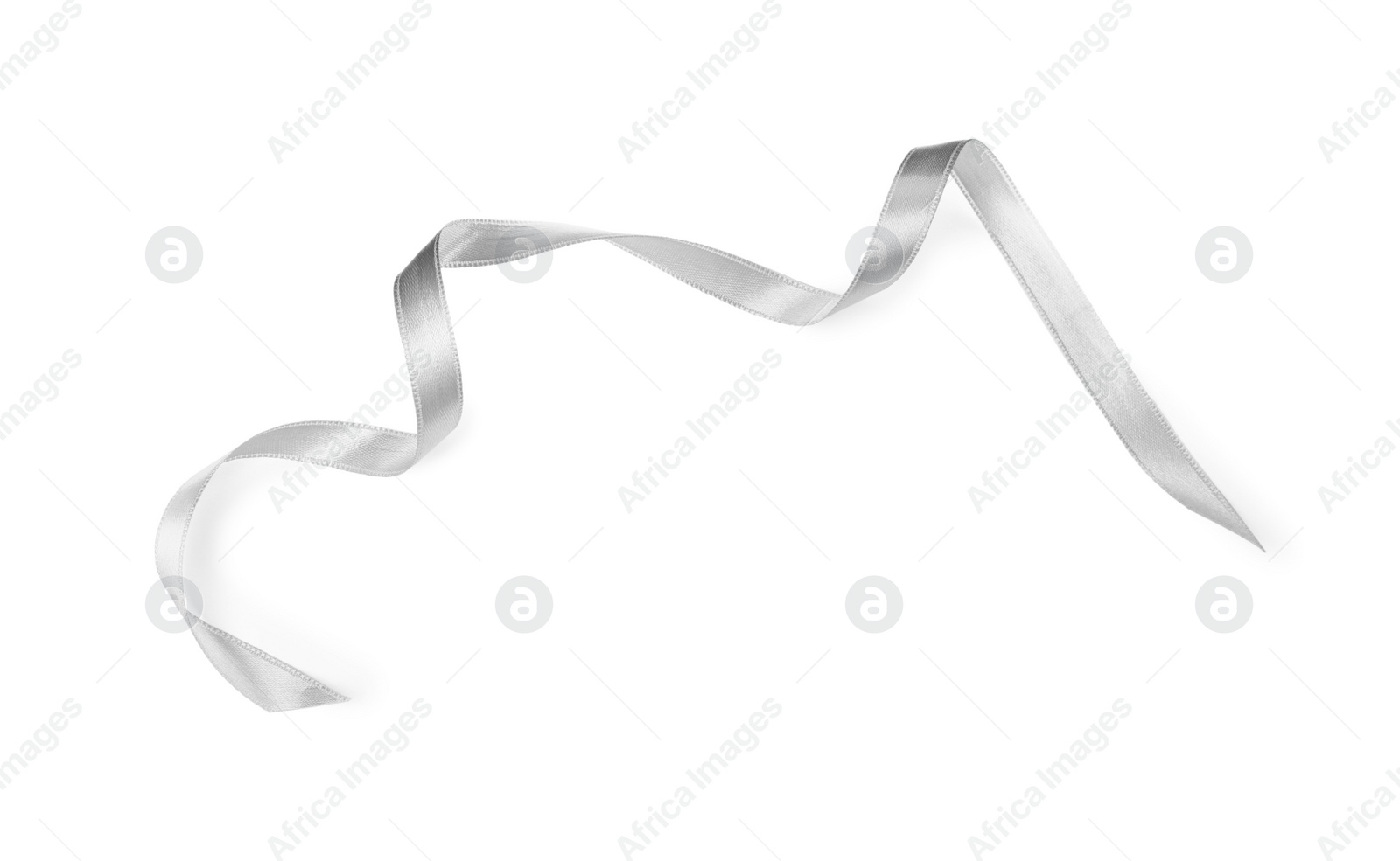 Photo of Silver satin ribbon on white background, top view
