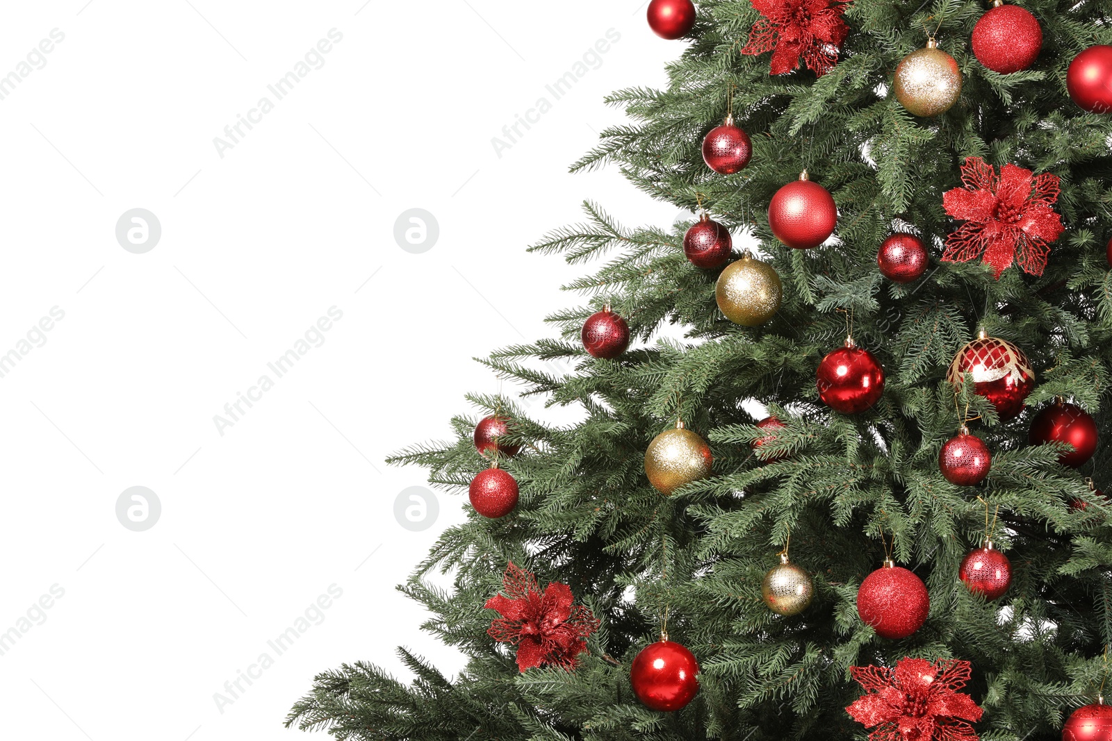 Photo of Beautiful Christmas tree decorated with ornaments isolated on white