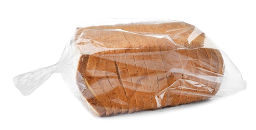 Sliced toast bread in plastic bag on white background