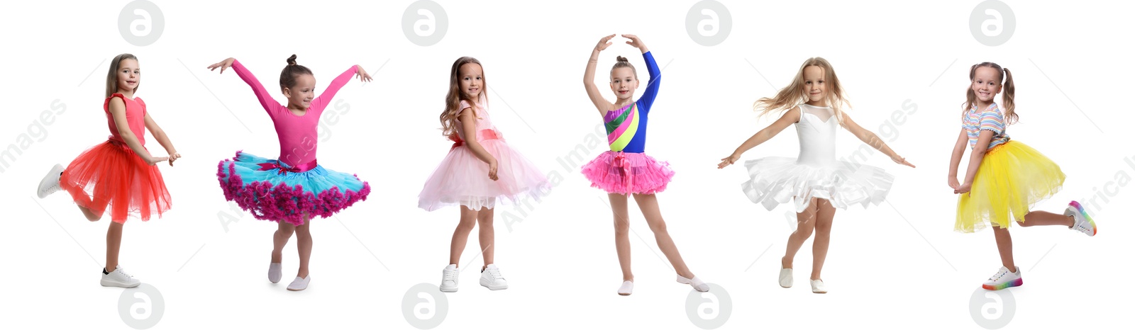 Image of Cute little girls dancing on white background, set of photos