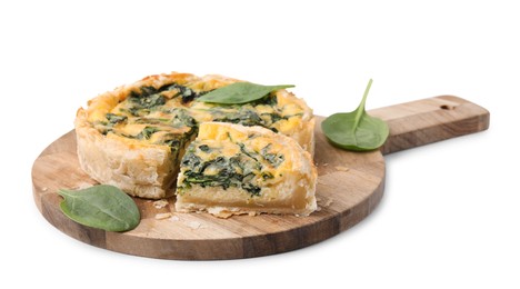 Photo of Delicious pie with spinach isolated on white