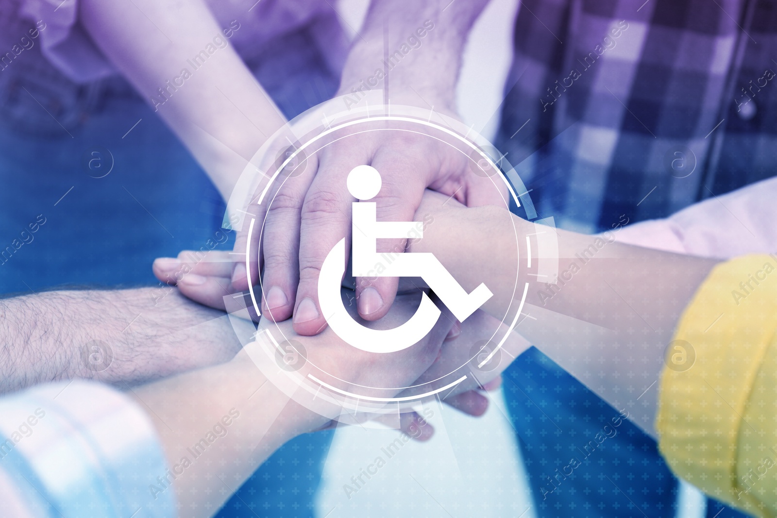 Image of Inclusion concept. International symbol of access. People holding hands together, closeup