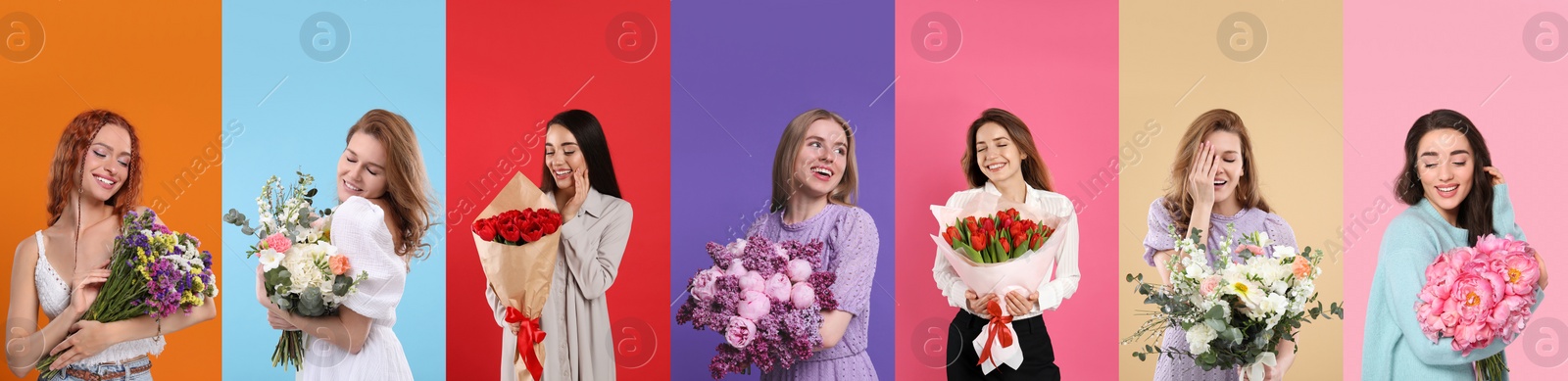 Image of 8 March - Happy Women's Day. Charming ladies with beautiful flowers on different colors backgrounds, collage