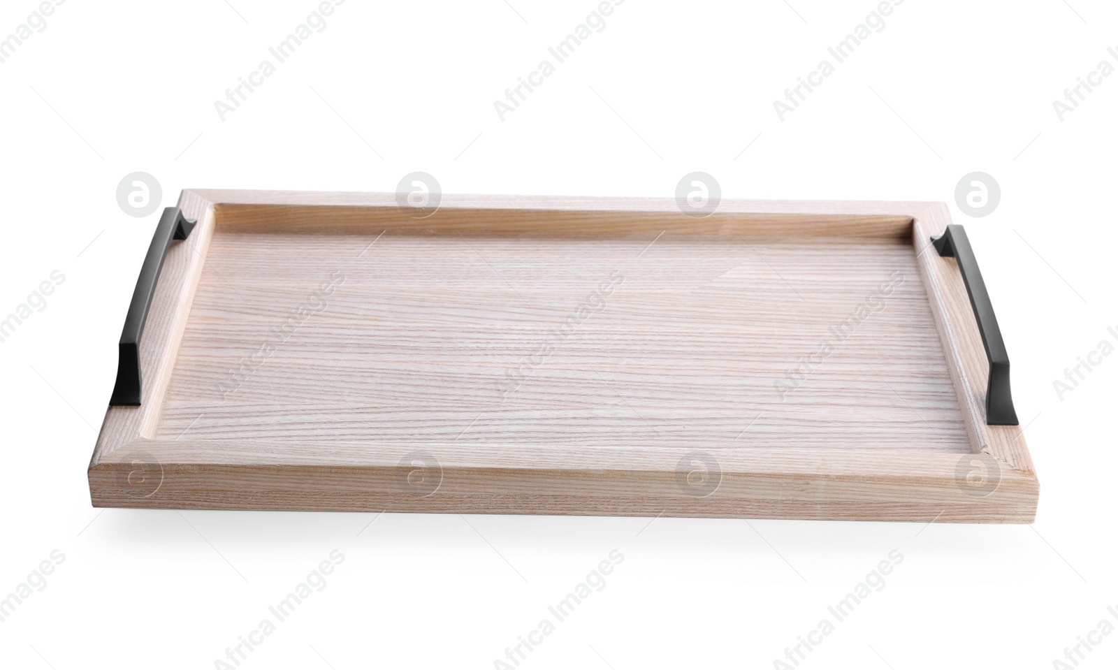 Photo of One empty wooden tray isolated on white